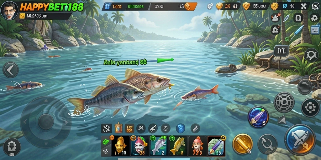 Screenshot utama HAPPYBET188 menunjukkan gameplay memancing yang menarik dan penuh aksi.