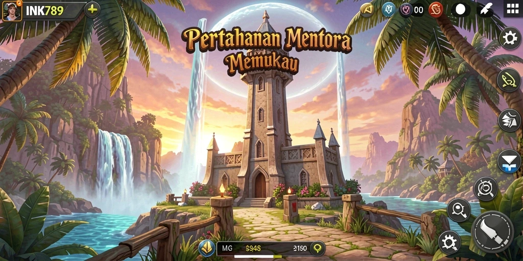 Screenshot permainan INK789 menampilkan menara dan gelombang musuh yang menegangkan.