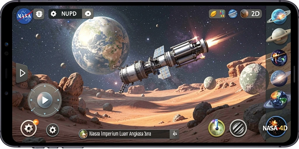 Screenshot gameplay <strong>NASA4D</strong> menampilkan stasiun luar angkasa yang megah dan aktivitas eksplorasi.