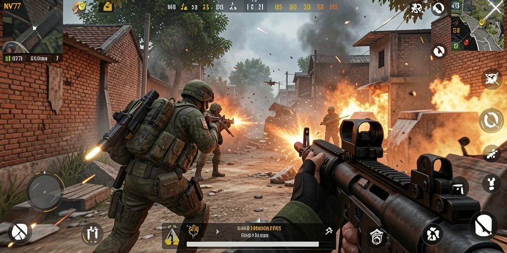 Screenshot menunjukkan pertempuran intens dalam NV77 dengan grafis memukau.
