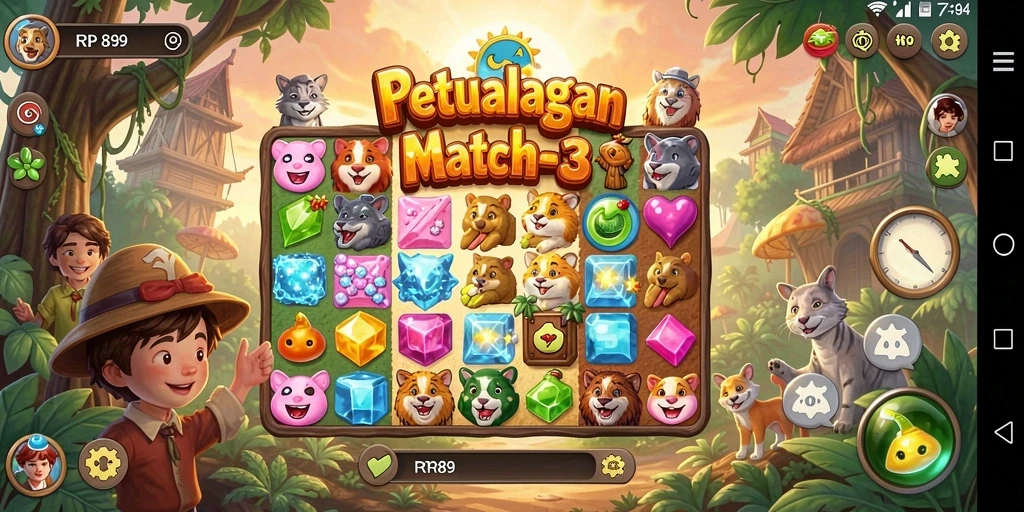 Gameplay seru RR89 dengan warna-warni ceria dan tantangan Match-3.