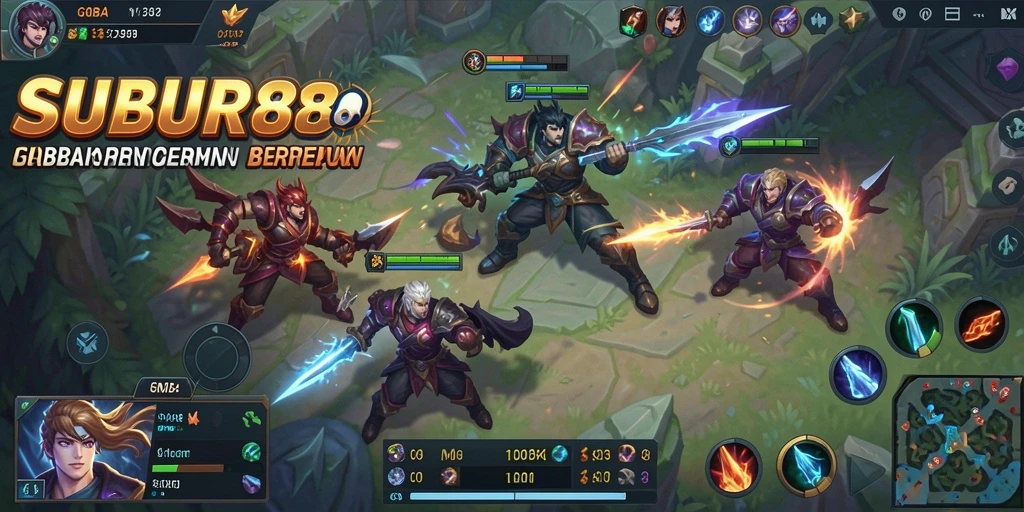 Screenshot menunjukkan aksi bertarung seru dalam game MOBA SUBUR88.