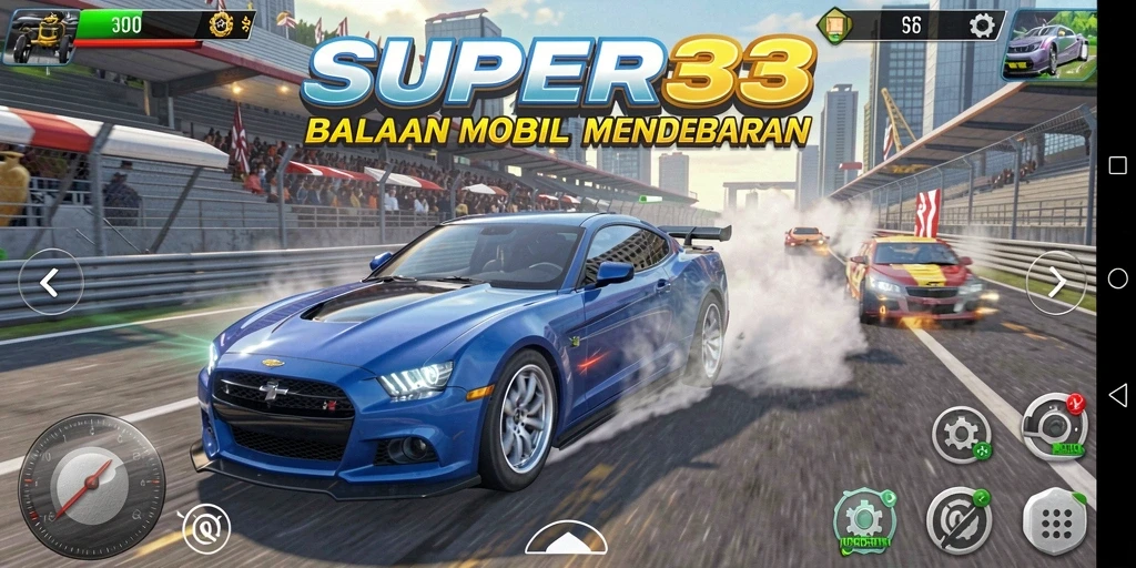 Screenshot dari gameplay SUPER33 menunjukkan aksi balapan yang mendebarkan.