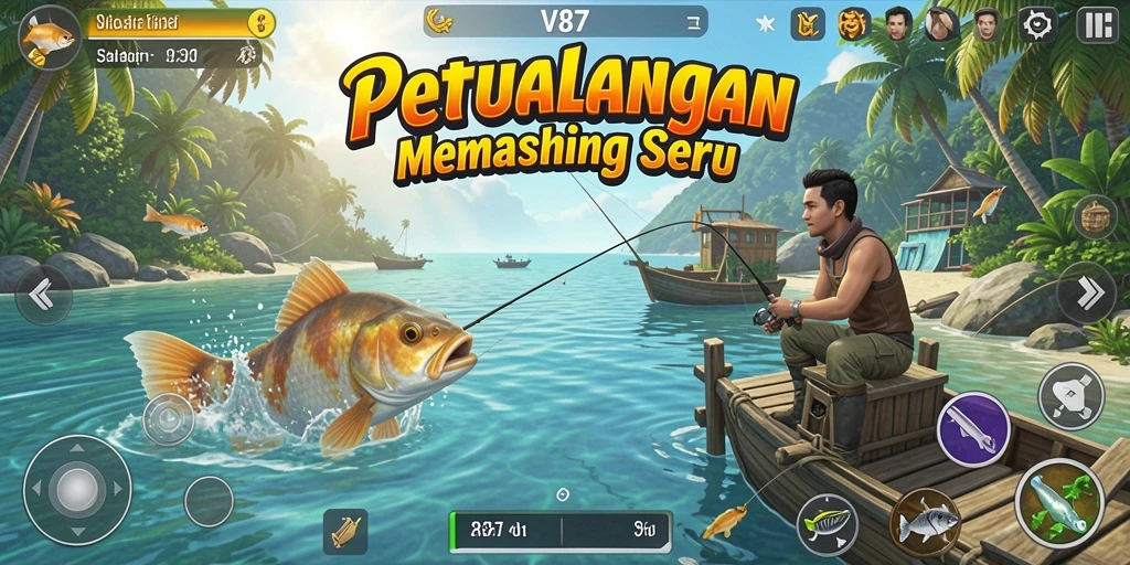 Tampilan gameplay V87 saat memancing di danau yang indah.